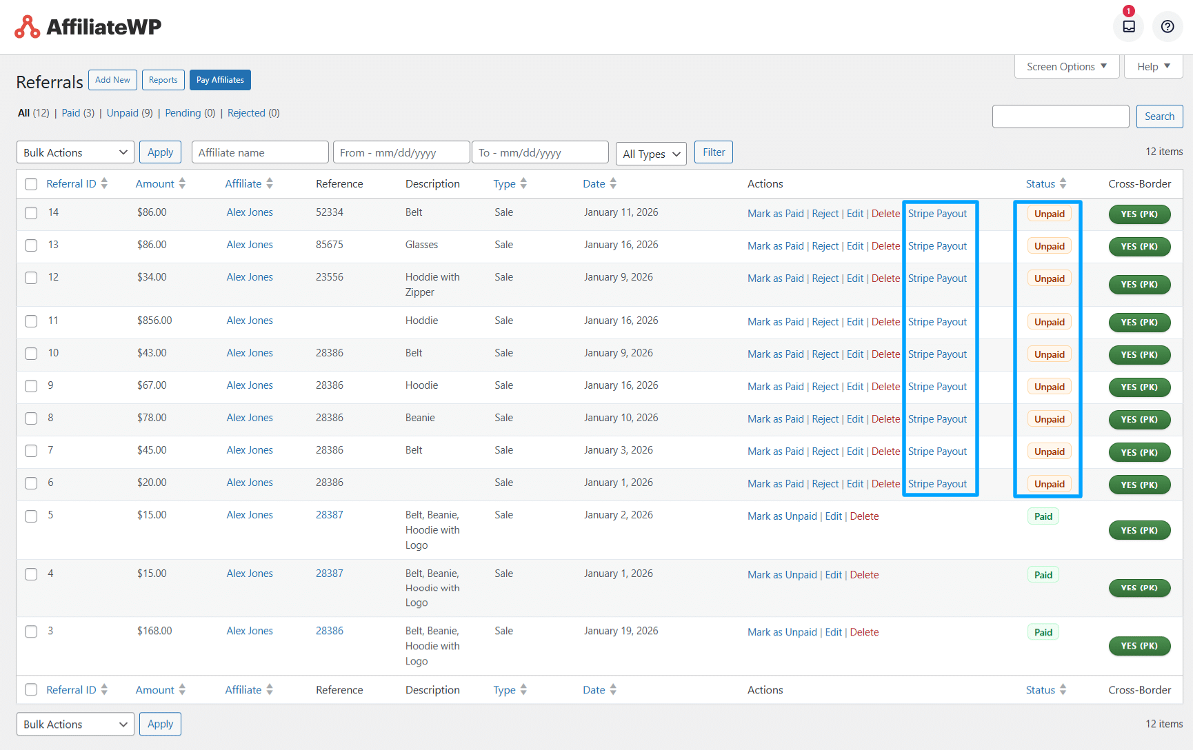 AffiliateWP referrals dashboard — referral list, amounts, status and Stripe payout