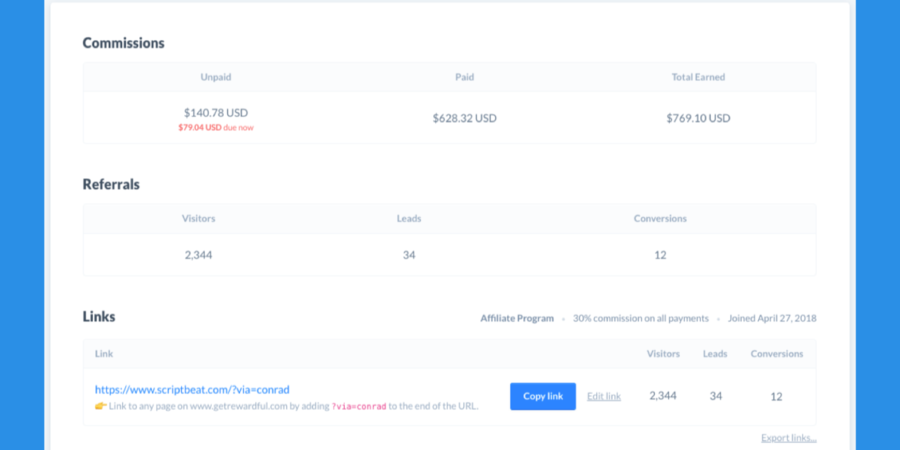 Rewardful affiliate dashboard — commissions, referrals, and link management